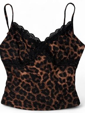 Y2K Leopard Print Lace Trim Cami XS Coquette Night Out Going Out Animal Tank Top